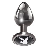 Plug anal PLAYBOY Tux - Small, din aluminiu, bază cu logo Playboy, lungime 7.3 cm, diametru 2.7 cm (mărime S), argintiu