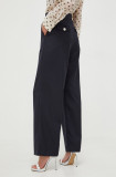 Custommade pantaloni de lana culoarea albastru marin, lat, high waist