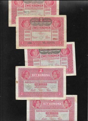 Austria Austro Ungaria 2 kronen korona 1917 (1919) supratipar &amp;quot;Deutschosterreich&amp;quot; VG-F pret pe bucata foto