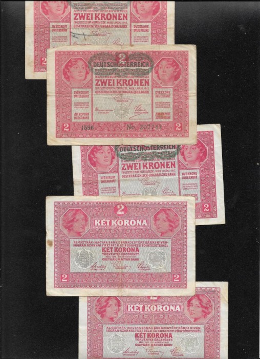 Austria Austro Ungaria 2 kronen korona 1917 (1919) supratipar &quot;Deutschosterreich&quot; VG-F pret pe bucata