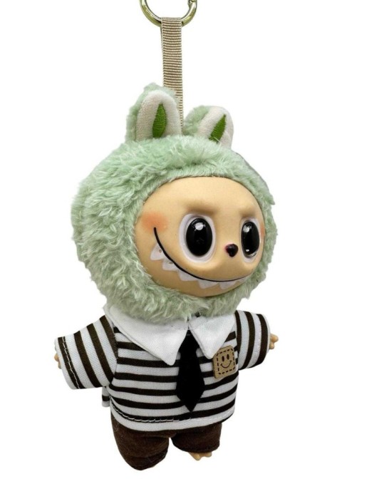 Breloc de plus Labubu verde cu costum in dungi maro