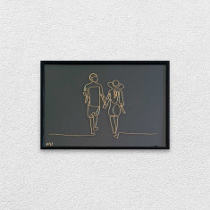 Cu tine oriunde, tablou din fir continuu de sarma placata cu aur, 22×31 cm