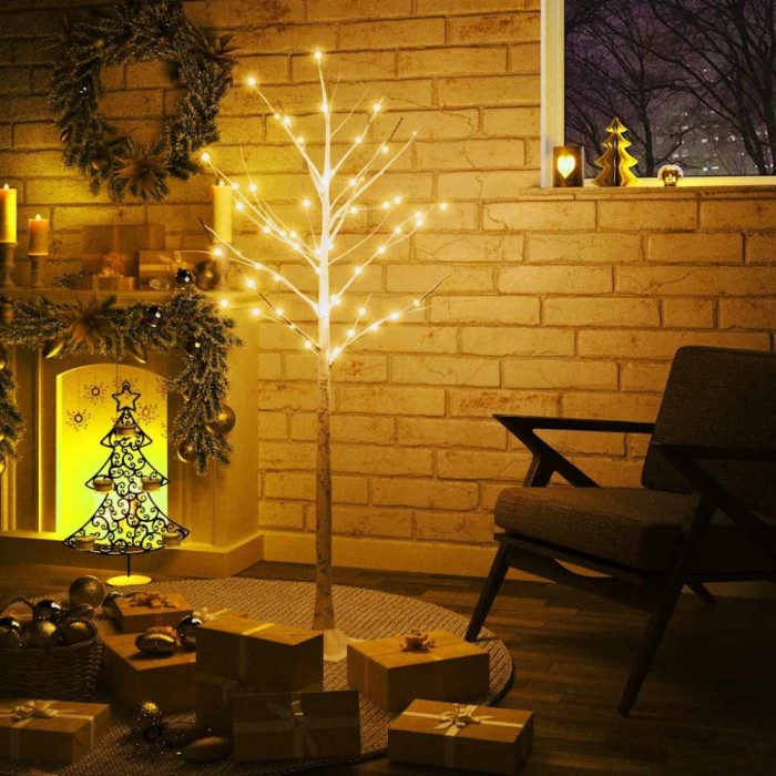 vidaXL Mesteacăn cu LED, alb, 72 LED-uri alb calde, 150 cm