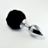 Dop Anal Metalic Coada Pompon Negru Argintiu Lovetoy, 7 cm, Diametru 2.8 cm, Plug Anal Unisex
