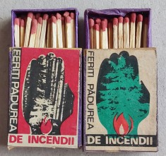 1973 Feriti padurea de incendii - lot 2 cutii de chibrituri romanesti din lemn