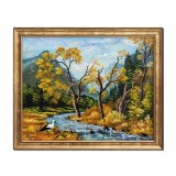 Tablou peisaj de toamna tarzie cu barza, pictat manual inramat, 55x45cm ulei pe panza, rama din lemn, Stefan Bilibou