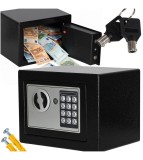 Seif electronic cu cod si cheie, 23x17x16,5 cm, negru
