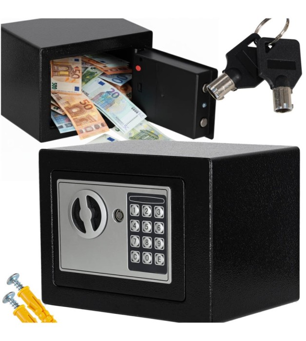 Seif electronic cu cod si cheie, 23x17x16,5 cm, negru