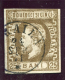 1871 , Lp 33 , Carol I barba 25 Bani brun , stampila mica Braila, Stampilat