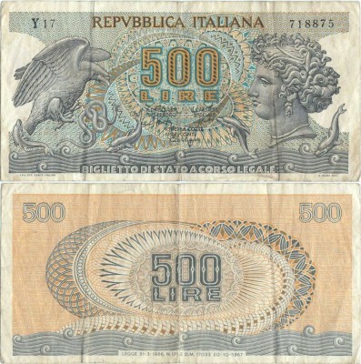 1967 ( 20 X ) , 500 lire ( P-93a.2 ) - Italia foto