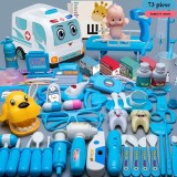 Set trusa de doctor pentru copii, 73 de piese, stetoscop, injectie, ambulanta, lumini, sunete, albastru