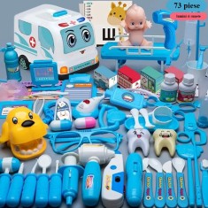 Set trusa de doctor pentru copii, 73 de piese, stetoscop, injectie, ambulanta, lumini, sunete, albastru
