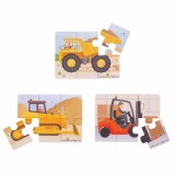 Set 3 puzzle din lemn - Vehicule pentru constructii PlayLearn Toys, BigJigs Toys