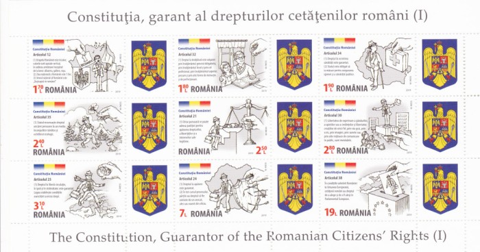 ROMANIA 2019 CONSTITUTIA Bloc cu 9 timbre+ 9 viniete LP2234a MNH**