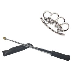 Set baston telescopic flexibil argintiu, maner cauciuc, 47 cm si pumnal/box craniu argintiu