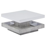 Măsuță de cafea lucioasă, rotativă la 360&deg;, cu blat pe 2 niveluri și compartiment de depozitare, 70x70x36 cm, Alb