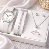 Set ceas dama lux argintiu cu diamant, bratara, inel, colier, cercei