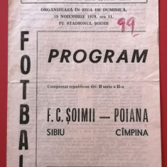 Program meci fotbal FC "SOIMII" SIBIU - "POIANA" CAMPINA (19.11.1978)