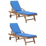 Set 2 Șezlonguri vidaXL, Lemn Tec, Albastru, Pliabile, Reglabile, + Perne Incluse, Exterior, Grădină, Terasă, Rezistente