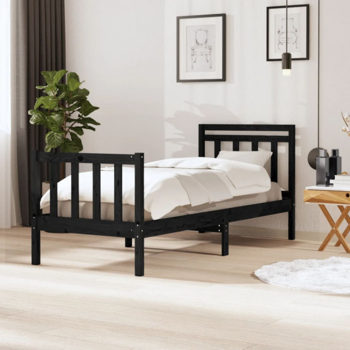 Cadru de pat Single, negru, 90x190 cm, lemn masiv GartenMobel Dekor