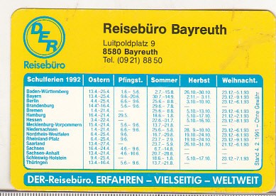 bnk cld Calendar de buzunar 1992 - Germania - DER Reiseburo foto