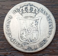 (A1030) MONEDA DIN ARGINT PORTUGALIA - 40 CENTIMOS DE ESCUDO 1864, REGINA ISABELLA A II-A