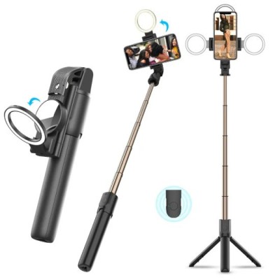 Selfie Stick cu Telecomanda si Lumina LED, 84cm - Techsuit (K13) - Black foto