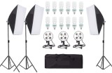 Kit de 3 softboxuri, soclu de 4 becuri, 3 trepiezi reglabili 200 cm, 12 becuri de 150W, geanta de transport inclusa