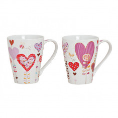 Set 2 cani ceramice, pentru cuplu, Valentine s Day, Imprimeu cu inimi, 300ml