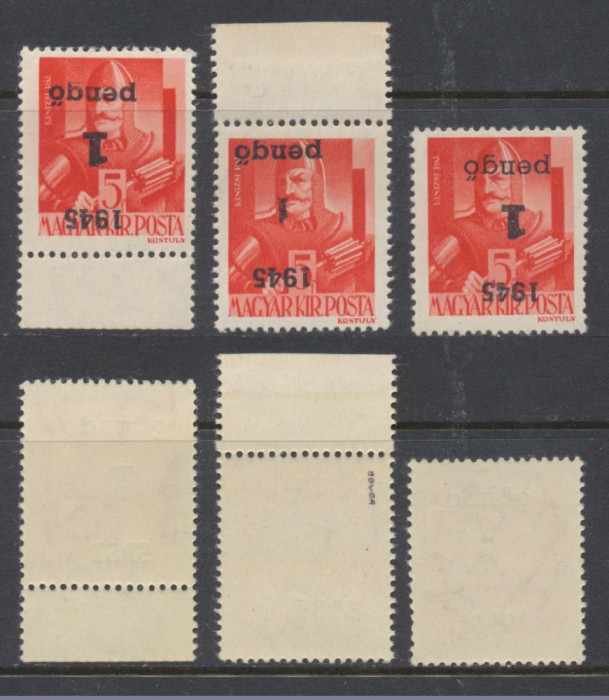 Emisiunea Oradea 1945 Ardealul de Nord erori 1P pe 5f ranversat tip I &amp; II &amp; III