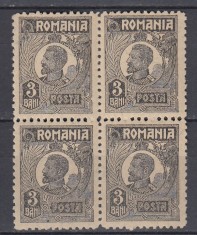 1919/22 LP 72 REGELE FERDINAND 3 BANI BLOC 4 TIMBRE HARTIE CU SCAME STARE MNH foto