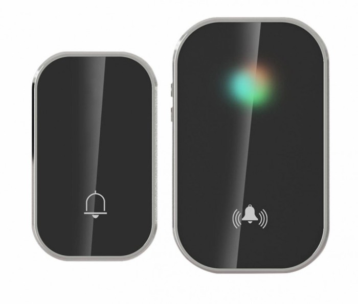 Sonerie fara fir si fara baterie 1 transmitator - comutator cinetic (1 buton) si 1 receptor negru ( 1 sonerie) la priza , IP44