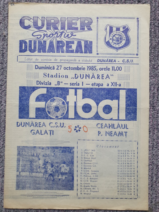 Program meci fotbal Dunarea CSU Galati-Ceahlaul P Neamt 27 Sept 1985, stare buna