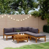 Set mobilier gradina vidaXL, 6 piese, lemn masiv acacia, perne gri inchis, masa 65x65 cm, canapea colt/mijloc, taburet