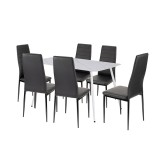 Set Sufragerie Leziter Jenna 6+1 Masa Piatra Sinterizata Gri Textura Ardezie Scaune Piele Textila Negru