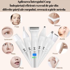 Epilator umed si uscat Damar, 6 IN 1, Afisaj LED, Portabil, Fara fir, Multifunctional, Pentru femei si barbati, Alb, Pentru toate tipurile de piele, F