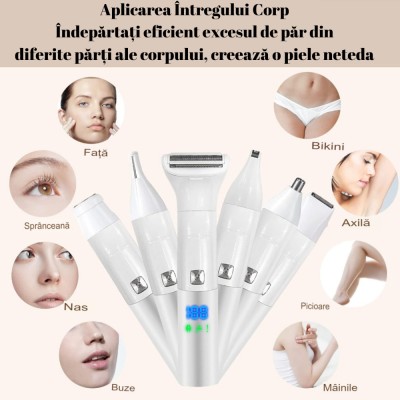 Epilator umed si uscat Damar, 6 IN 1, Afisaj LED, Portabil, Fara fir, Multifunctional, Pentru femei si barbati, Alb, Pentru toate tipurile de piele, F foto