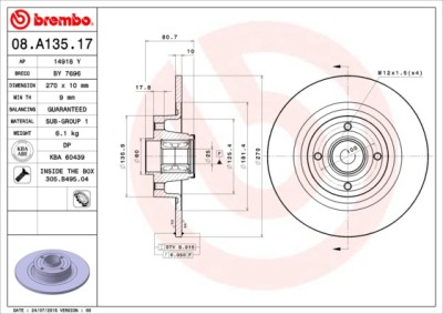 BREMBO 08.A135.17 PRIME LINE - With Bearing Kit Disc frana foto