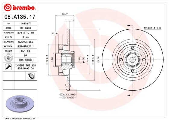 BREMBO 08.A135.17 PRIME LINE - With Bearing Kit Disc frana