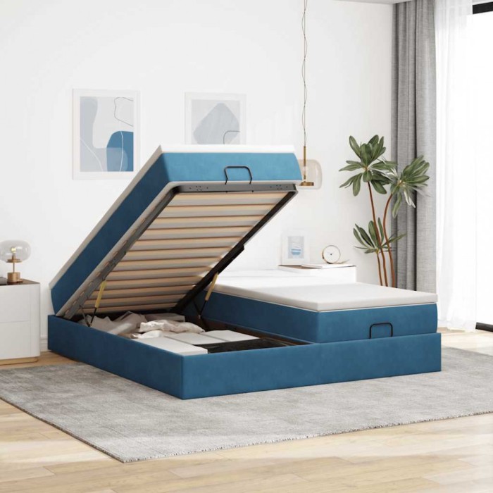 vidaXL Cadru pat otoman cu saltele Albastru &icirc;nchis 160x200cm catifea 3311259