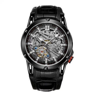Ceas barbati de mana, T-winner, Clasic, Fashion, Mecanism Mecanic Automatic, Skeleton, Piele, Negru foto