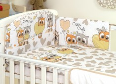 Set lenjerie din bumbac cu protectie laterala pentru pat bebe 120 x 60 cm, Bufnite Bej, Amy foto