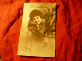 Felicitare de Anul Nou 1922 - Tanara cu ramura de brad ,circulat Craiova, Circulata, Fotografie