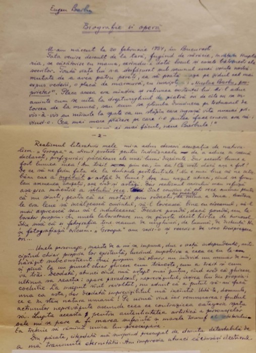 EUGEN BARBU - Schiță biografică, manuscris autograf.