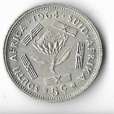 Moneda 5 cents 1964 - Africa de Sud, 2,83 g argint 0,500