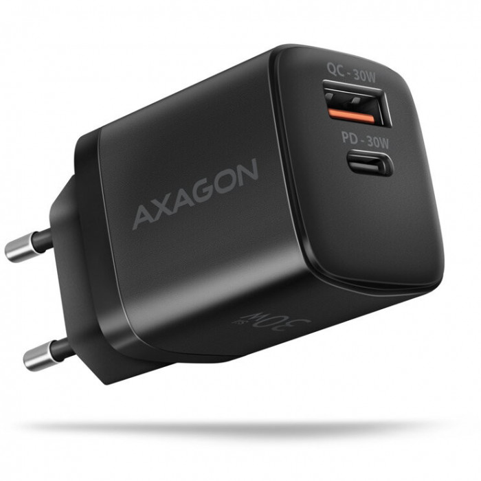 Incarcator retea PD 3.0 QC4+ 1x USB type C + 1x USB-A 30W negru Axagon ACU-PQ30