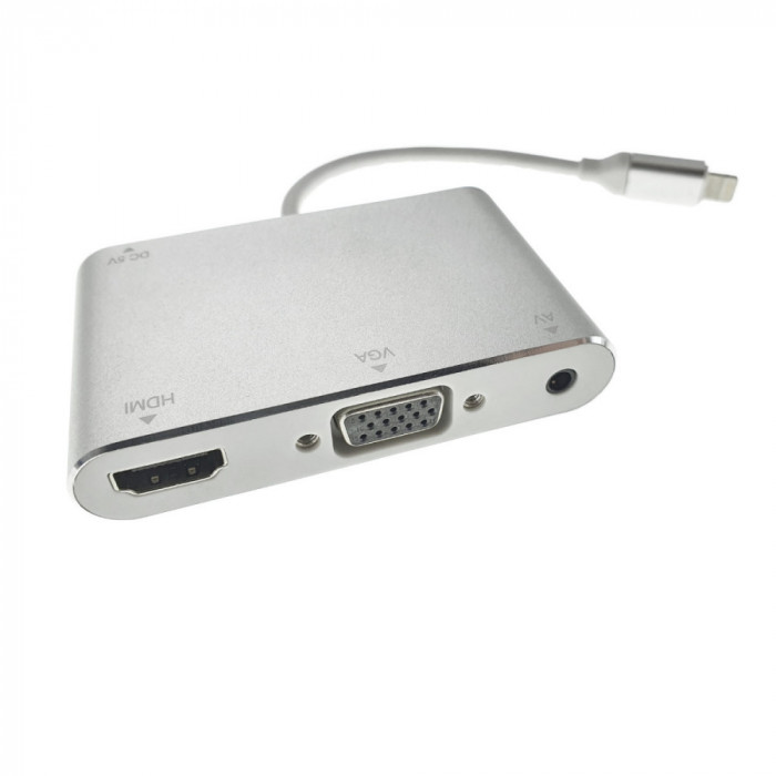 Adaptor AV cu conector 8-pin Lightning tata la port HDMI mama, VGA mama si audio jack 3.5mm, cu alimentare microUSB