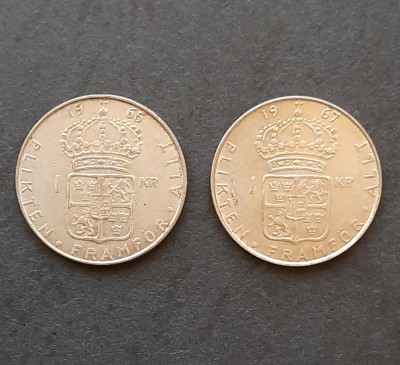 Lot 2 x 1 Krona &amp;quot;Gustav VI Adolf&amp;quot;, 1965-&amp;#039;67, Suedia - B 4639 foto