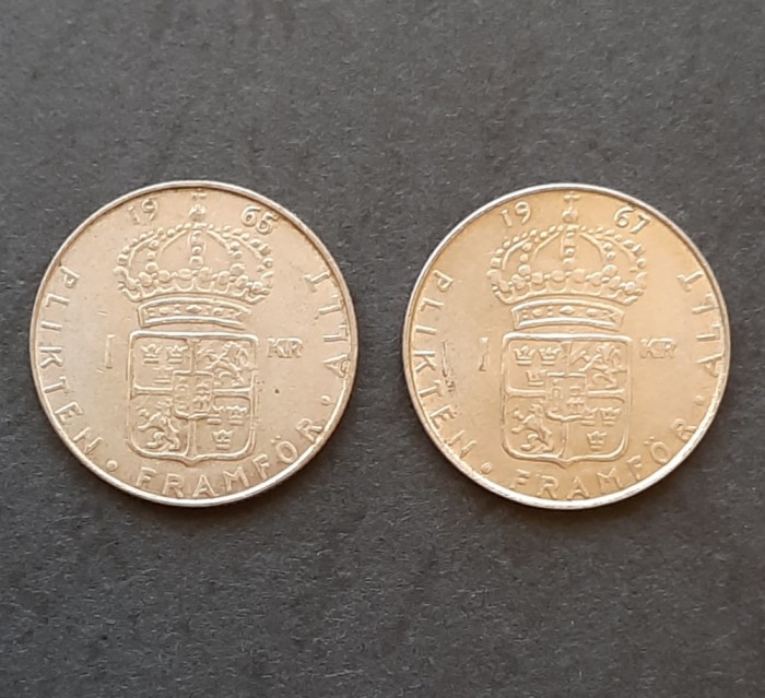 Lot 2 x 1 Krona &quot;Gustav VI Adolf&quot;, 1965-&#039;67, Suedia - B 4639