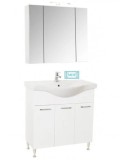 Set mobilier baie cu lavoar GN1531, front MDF cu lavoar ceramic, 80 cm, 3 usi, picioare reglabile cromate, balamale soft close si dulap cu oglinda Cel